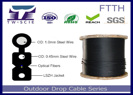 1-4 Çekirdekli FTTH Saplama Kablosu FRP / Çelik Mukavemetli Üye Kaplı Düz ​​Optik Kablo